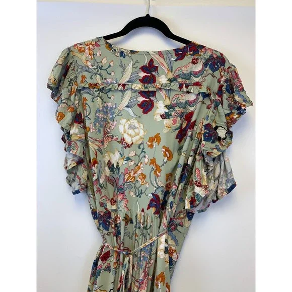 ELF Carmen Wrap Dress Gray Floral Ruffle V Neck Rayon Green Multi Tie Size L/XL - Picture 9 of 15